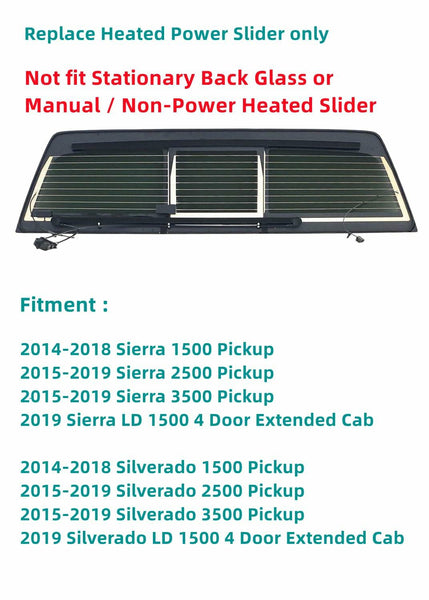 Heated Back Sliding Window Glass Power Slider Replacement For Chevrolet Silverado/GMC Sierra 1500 2014-2018 / 1500 LD 2019 / 2500 3500 2015-2019