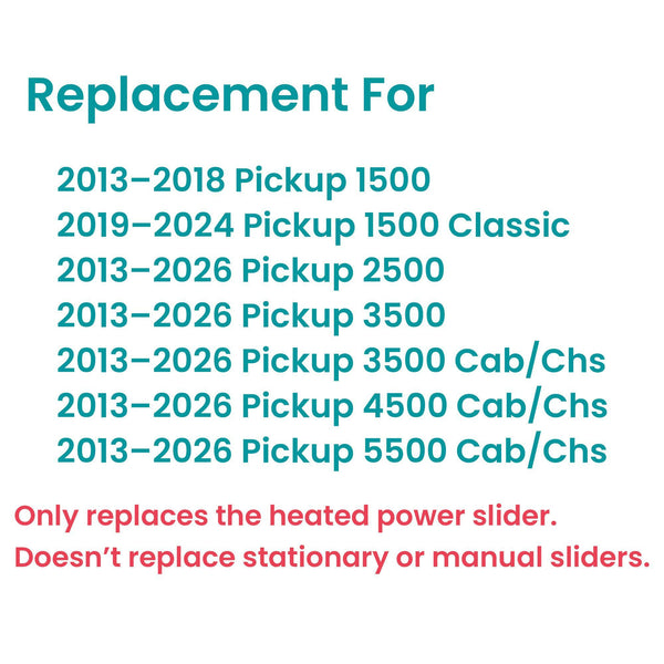 Heated Power Slider Back Window Glass Motor Included Replacement For Ram Pickup 1500 2013-2018 / 2019-2024 1500 Classic / 2013-2026 2500 3500 4500 5500 Models